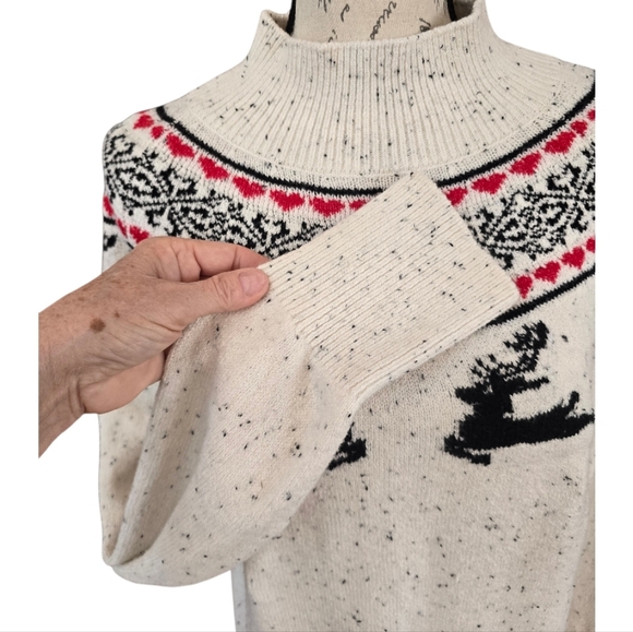 Loft Fair Isle Reindeer Winter White Mock Neck Long Sleeve Knit Sweater L - Picture 6 of 8